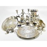 A small selection of silver-plate including four piece tea service, twin handled gallery tray,