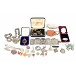 A quantity of costume jewellery including locket on chain, panelled bracelet, brooches, etc.