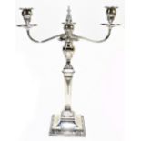 A late Victorian silver plated three branch candelabrum with cast floral decoration, height 45cm.