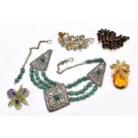 A white metal and malachite necklace and four costume brooches (5).
