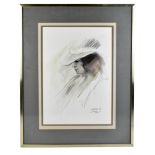 MALCOLM YOUNG; pencil drawing, side profile portrait of a female wearing a hat, signed and dated 74,