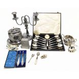 A collection of assorted silver plate including a Victorian biscuit barrel, a twin branch