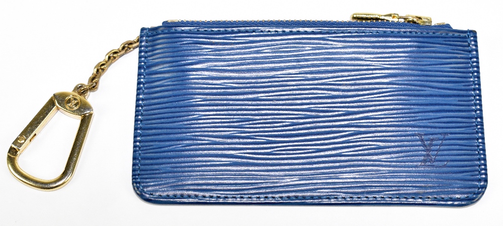 LOUIS VUITTON; a Pochette Cles blue Epi Poudre key/coin purse with gold tone zip and key chain