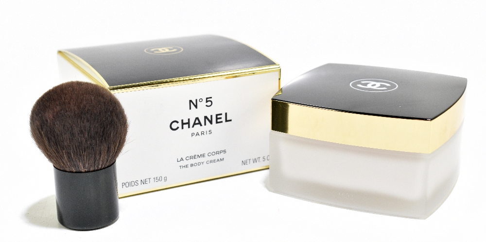 CHANEL NO 5 PARIS; an unused 150g boxed body cream and a Chanel small powder brush with logo to