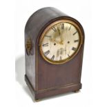 DENT; an Edwardian brass inlaid mahogany eight day fusee mantel clock, the silvered dial set with