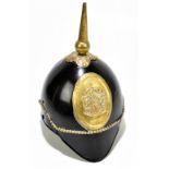 A Prussian WWI pickelhaube with applied oval plaque, lacking interior, length 24cm.