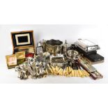 A collection of 19th century and later silver plated items, including a jardinière, a bottle