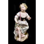 MEISSEN; a mid 19th century figure of a young female holding a music score, painted marks to base,