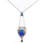 CHARLES HORNER; a George V hallmarked silver and blue/green enamel decorated necklace, the pierced