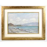 P W STEER; oil on canvas, coastal scene with sailing boats and a ruined castle, signed lower left,