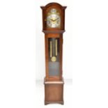 A reproduction mahogany cased longcase clock of small proportions with brass face and silvered