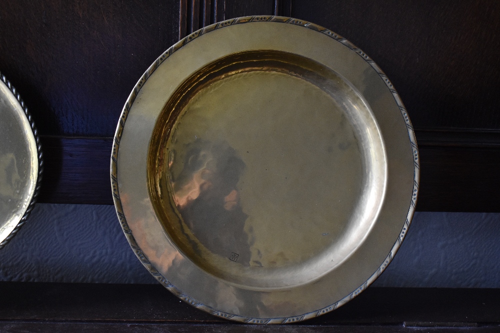 HUGH WALLACE; two brass dishes, one circular, diameter 28.5cm, and one oval, length 52cm, both - Image 3 of 4