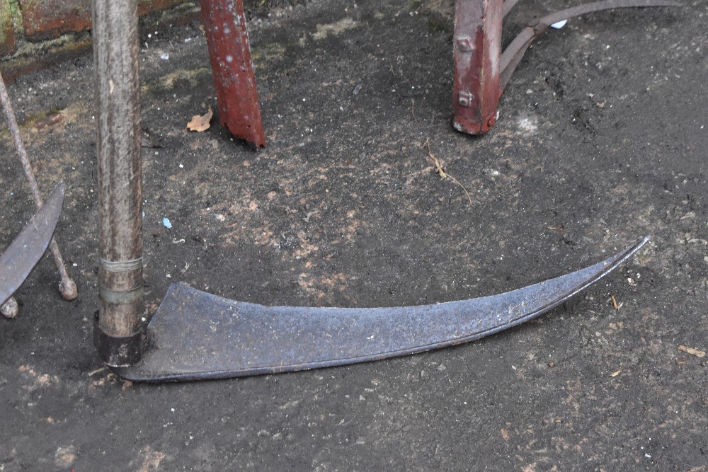 A vintage red painted wood and iron hay rake, two scythes, two potato forks, a fork and a fork head. - Image 3 of 8