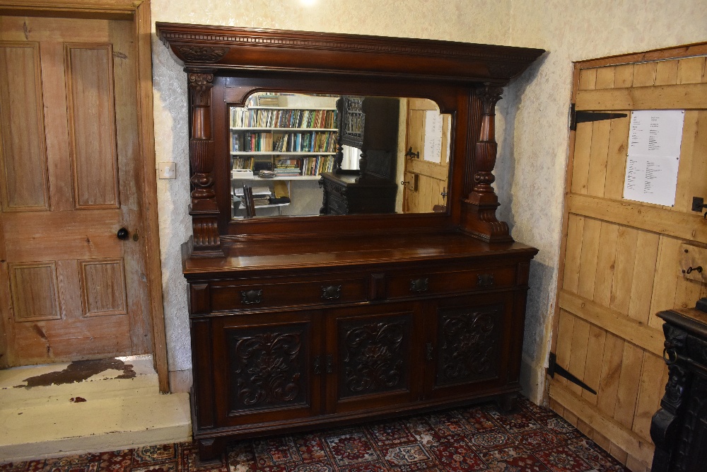 A Victorian carved walnut mirror back sideboard, with dentil cornice above two fluted and carved - Image 2 of 7