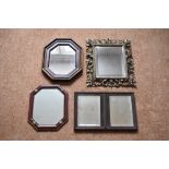 A cast brass Florentine style wall mirror, with bevelled plate, height 35cm, also an oak framed twin