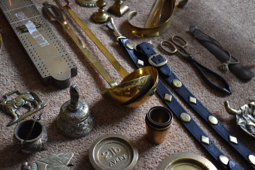 A collection of 19th century and later copper and brass items, including a copper conical ale - Image 4 of 10