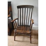 A 19th century beech and ash country kitchen chair with solid seat on turned legs, height 100cm.