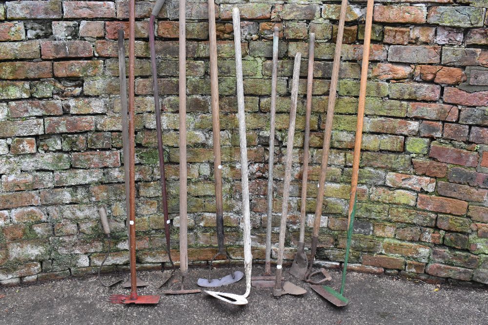 A collection of twelve vintage garden hoes of varying styles. PROVENANCE: The Raymond Rush