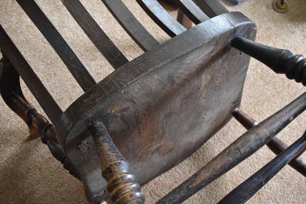 A 19th century beech and ash country kitchen chair with solid seat on turned legs, height 100cm. - Bild 4 aus 5