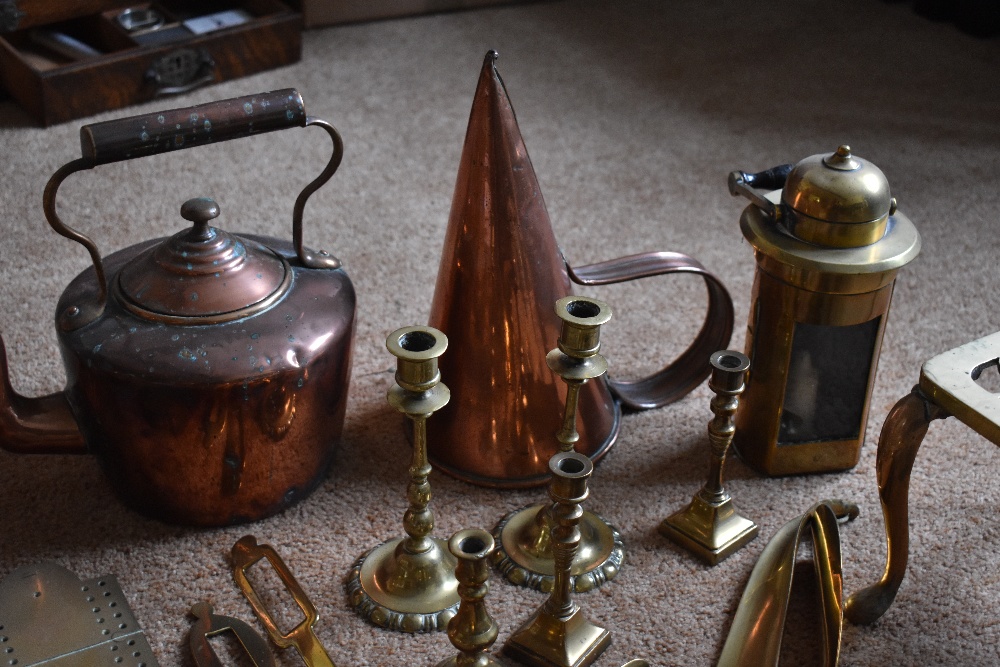 A collection of 19th century and later copper and brass items, including a copper conical ale - Image 10 of 10