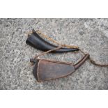 A 19th century horn and wood box, possibly a powder flask, length 20cm, and a 19th century treen box