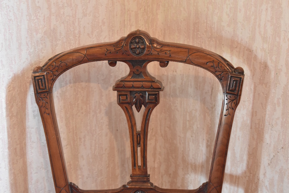 A part set of three Victorian carved walnut dining chairs, and two further walnut dining chairs (5). - Image 3 of 4