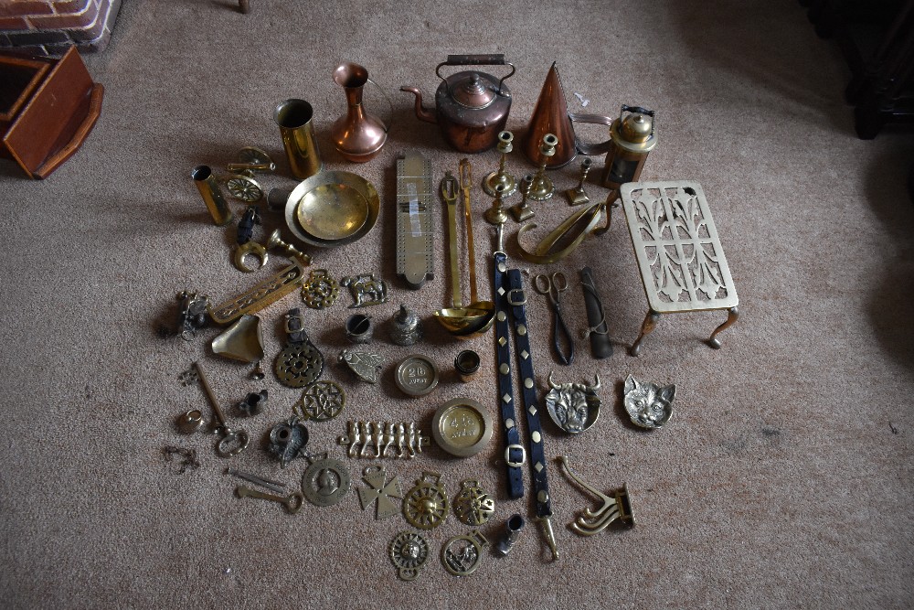 A collection of 19th century and later copper and brass items, including a copper conical ale