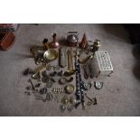 A collection of 19th century and later copper and brass items, including a copper conical ale