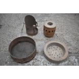 A vintage steamed wood and metal cheese sieve, with stencil no.33, diameter 33cm, also a treen