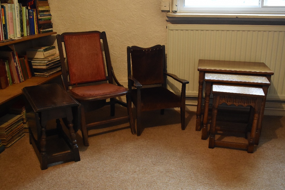 A stained beech child's chair, a stained beech sewing chair and an oak occasional table, tallest