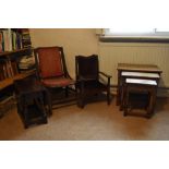 A stained beech child's chair, a stained beech sewing chair and an oak occasional table, tallest