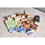 A collection of vintage and modern treen and other toys and games, including Snakes and Ladders