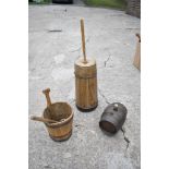 A vintage pine butter barrel with circular cover and paddle, height 40cm, also a milk pail, a