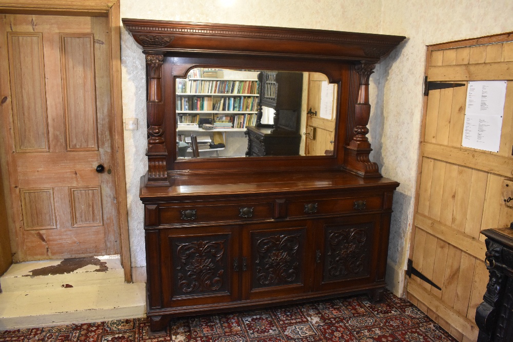 A Victorian carved walnut mirror back sideboard, with dentil cornice above two fluted and carved - Image 3 of 7