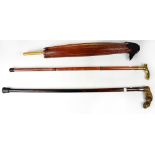 Two vintage walking canes comprising one with silver collar (hallmarks rubbed) and hoof handle and