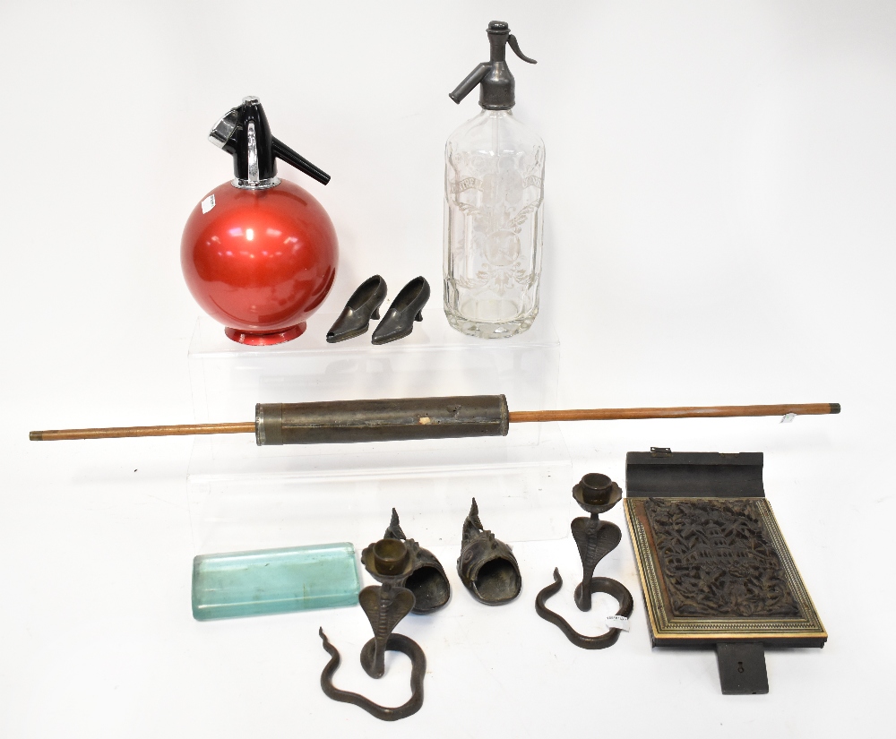 A mixed lot to include a pair of 19th century metal candlesticks in the form of serpents,