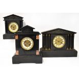 Three Victorian slate mantel clocks in architectural-style cases,