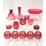 Various items of red and cranberry glass to include a small handheld night light with tapered