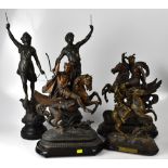 Five early 20th century bronzed spelter figures, all depicting Classical themes and figures,