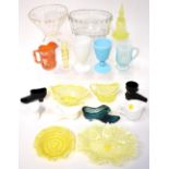 A mixed quantity of mainly 19th century press moulded glassware to include Vaseline glass dishes,