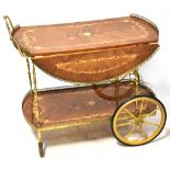 A retro vintage 1980s Italian/Sorrento marquetry inlaid walnut two-tier drinks trolley with gilt