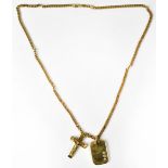 A 9ct yellow gold rectangular pendant set with three diamonds and a 9ct yellow gold Crucifix,