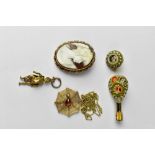 A 9ct gold carved shell cameo brooch depicting an elegant lady with feathered bonnet,