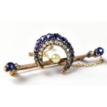 A late 19th century sapphire, diamond and pearl crescent gold brooch,