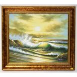 UNATTRIBUTED; oil on canvas depicting waves crashing against rocks on the beach, with setting sun,