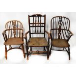 Three 19th century country chairs to include a carver with turned supports to back to outswept arms