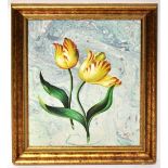 UNATTRIBUTED; a modern oil on canvas depicting two German tulips set against a marbled background,