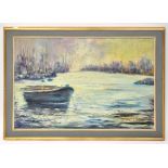 ZARA; oil on board, abstract seascape, boat in the foreground and cityscape to the background,