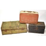 A late 19th/early 20th century green leather canvas and wooden bound travelling trunk with metal