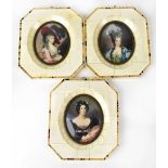 Three late 19th/early 20th century oval portrait miniatures, possibly of the 'Windsor Beauties',
